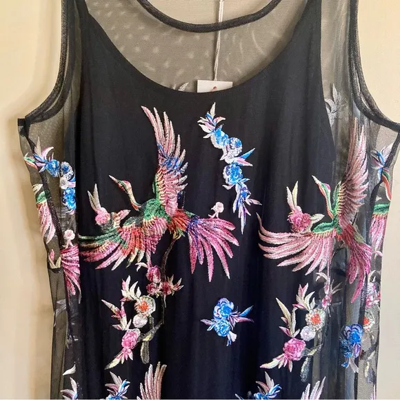 NEW Johnny Was Meol Mazzy A-line Dress Mesh Bird Embroidery Black (Slip) Size XL