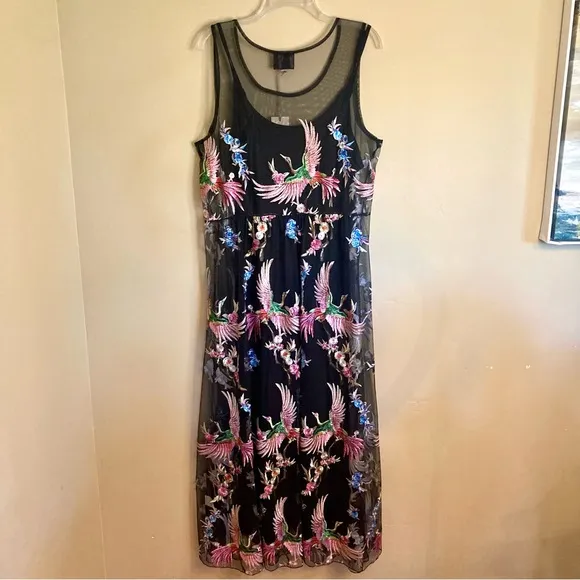 NEW Johnny Was Meol Mazzy A-line Dress Mesh Bird Embroidery Black (Slip) Size XL