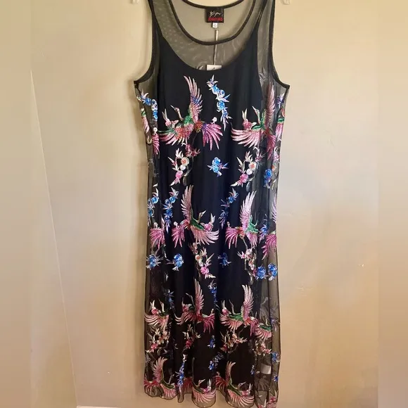 NEW Johnny Was Meol Mazzy A-line Dress Mesh Bird Embroidery Black (Slip) Size XL
