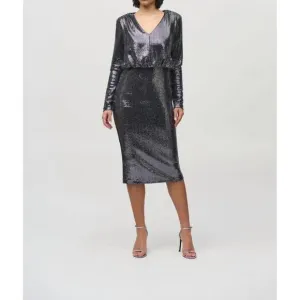 NEW JOSEPH RIBKOFF sequined v-neck long sleeve sheath dress in black/silver