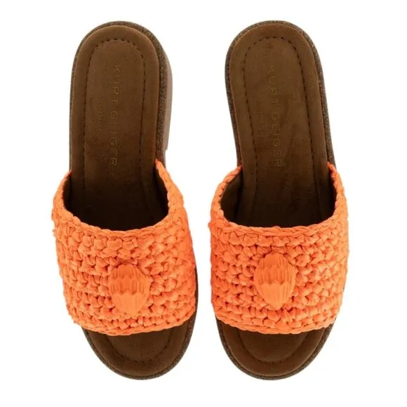 NEW Kurt Geiger London Eagle Crochet Cork Slide Sandals in Orange