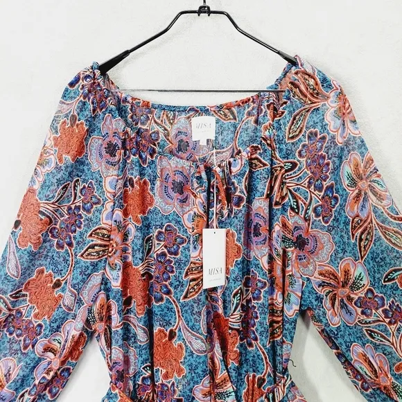 New Misa Women's Blue Floral Tara Cerulean Blouson Mini Dress P2684