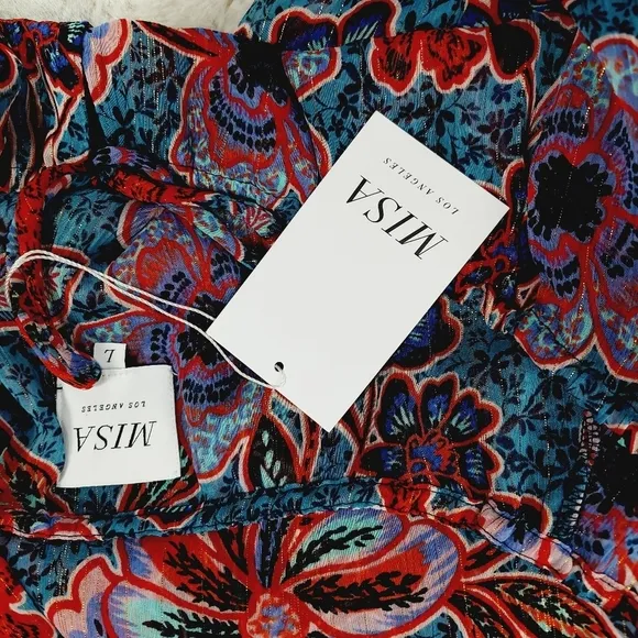 New Misa Women's Blue Floral Tara Cerulean Blouson Mini Dress P2684