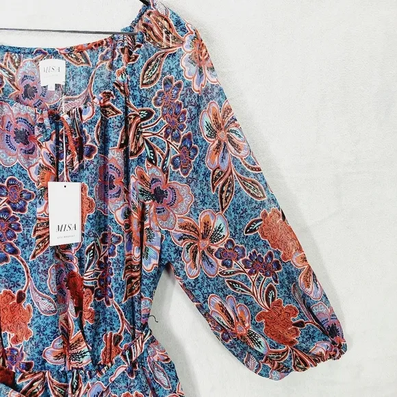 New Misa Women's Blue Floral Tara Cerulean Blouson Mini Dress P2684