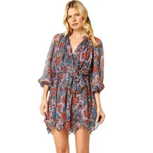 New Misa Women's Blue Floral Tara Cerulean Blouson Mini Dress P2684
