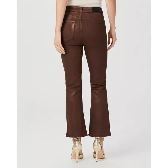 NEW PAIGE claudine flare jean in bronze shimmer luxe coating