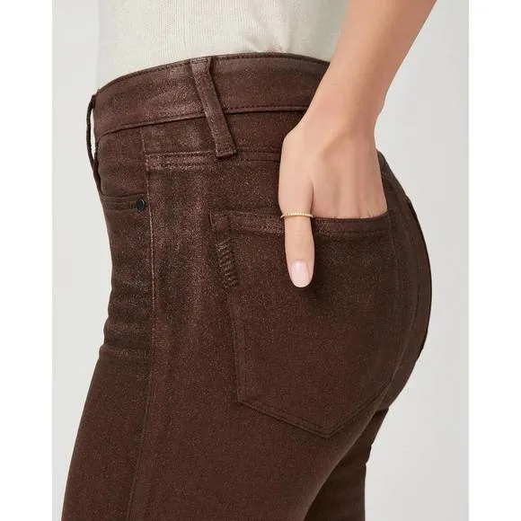 NEW PAIGE claudine flare jean in bronze shimmer luxe coating