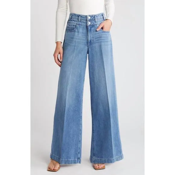 NEW PAIGE portia double waistband wide leg jeans in enzo distress
