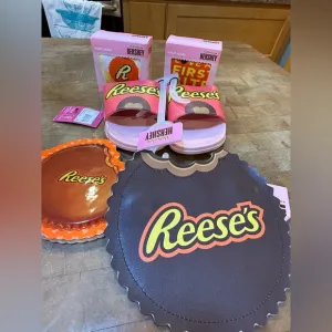 NEW Reese's Slide Sandals Sz 1 Notepad Socks Zipper Bag Reese’s Gift Set Lot