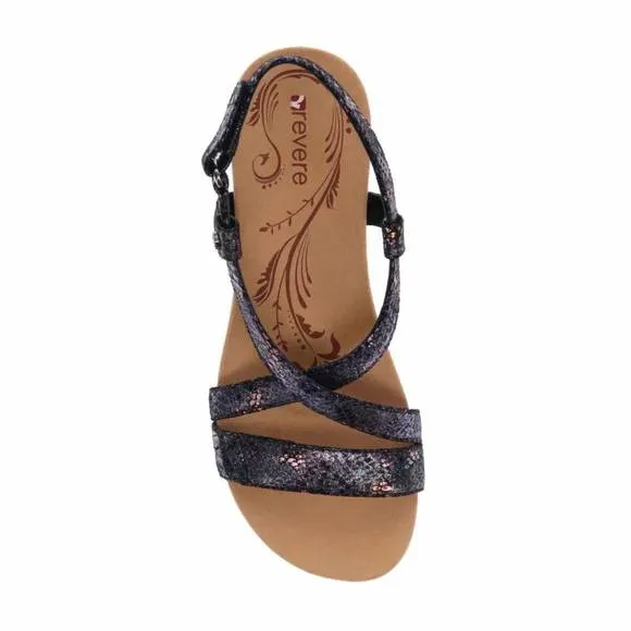 NEW REVERE women's luxor wedge sandal in black metallic python