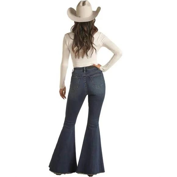 NEW ROCK &amp; ROLL COWGIRL extra stretch high bell bottom jean in dark blue