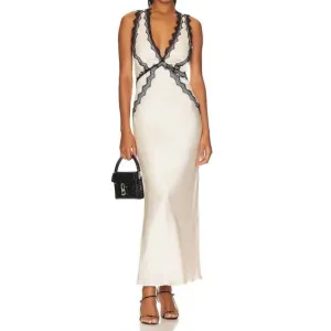 NEW SHONA JOY camille lace up plunged cross back midi dress in cream/black