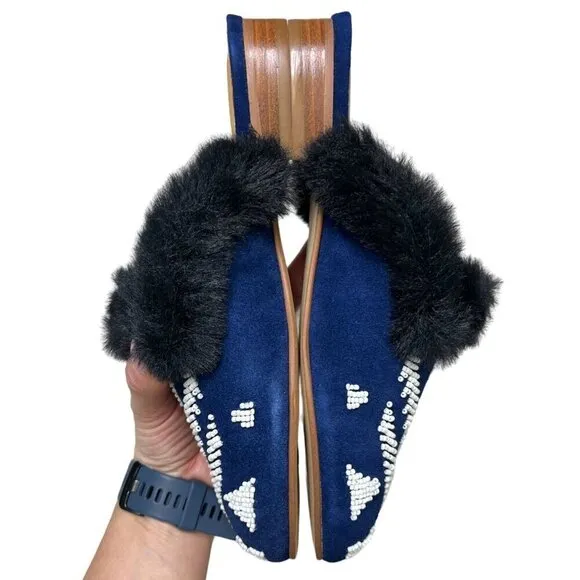 NEW Soludos Sedona Faux Fur Beaded Leather Mule Flats in Navy Blue SZ 6