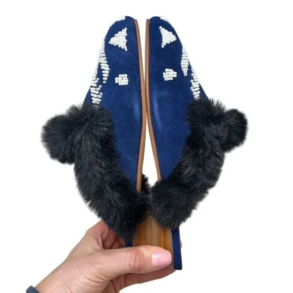 NEW Soludos Sedona Faux Fur Beaded Leather Mule Flats in Navy Blue SZ 6