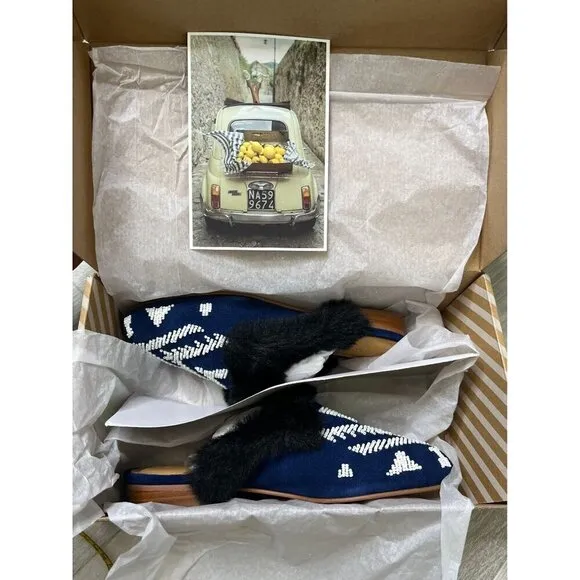 NEW Soludos Sedona Faux Fur Beaded Leather Mule Flats in Navy Blue SZ 6