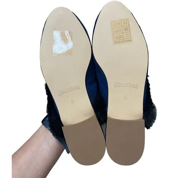 NEW Soludos Sedona Faux Fur Beaded Leather Mule Flats in Navy Blue SZ 6