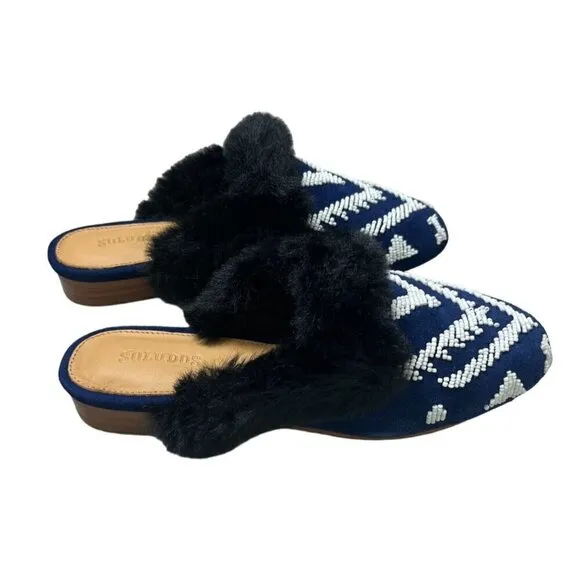 NEW Soludos Sedona Faux Fur Beaded Leather Mule Flats in Navy Blue SZ 6
