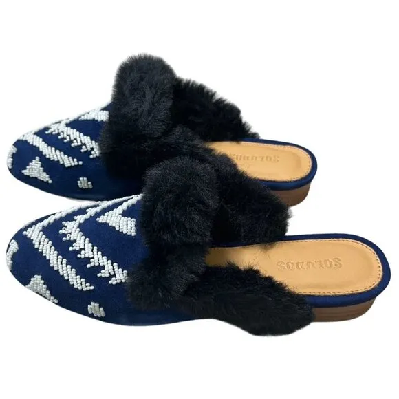 NEW Soludos Sedona Faux Fur Beaded Leather Mule Flats in Navy Blue SZ 6