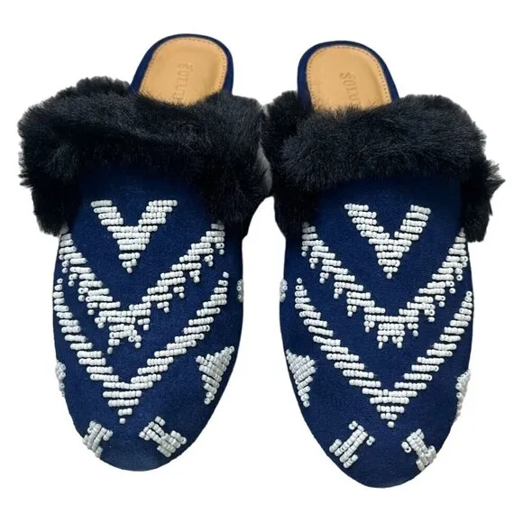 NEW Soludos Sedona Faux Fur Beaded Leather Mule Flats in Navy Blue SZ 6