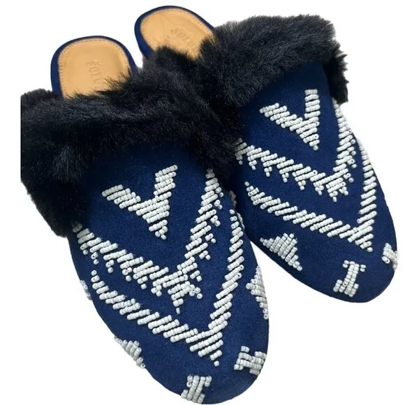 NEW Soludos Sedona Faux Fur Beaded Leather Mule Flats in Navy Blue SZ 6