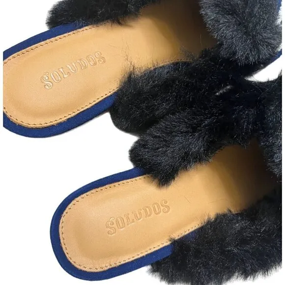 NEW Soludos Sedona Faux Fur Beaded Leather Mule Flats in Navy Blue SZ 6