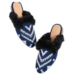 NEW Soludos Sedona Faux Fur Beaded Leather Mule Flats in Navy Blue SZ 6