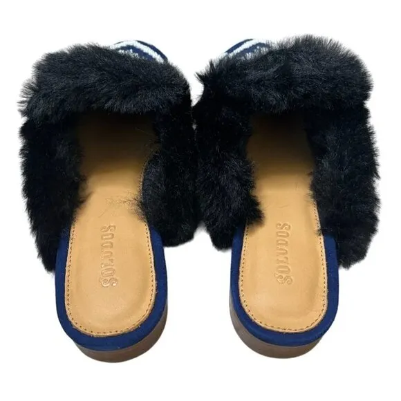 NEW Soludos Sedona Faux Fur Beaded Leather Mule Flats in Navy Blue SZ 6
