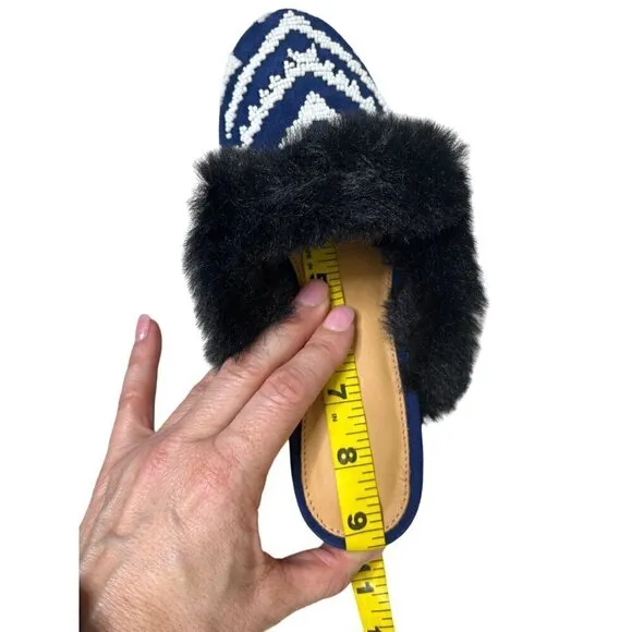 NEW Soludos Sedona Faux Fur Beaded Leather Mule Flats in Navy Blue SZ 6