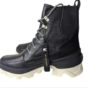New Sorel Brex Boots Black Chalk Lace Up Leather Waterproof Lug Chunky Sz 11