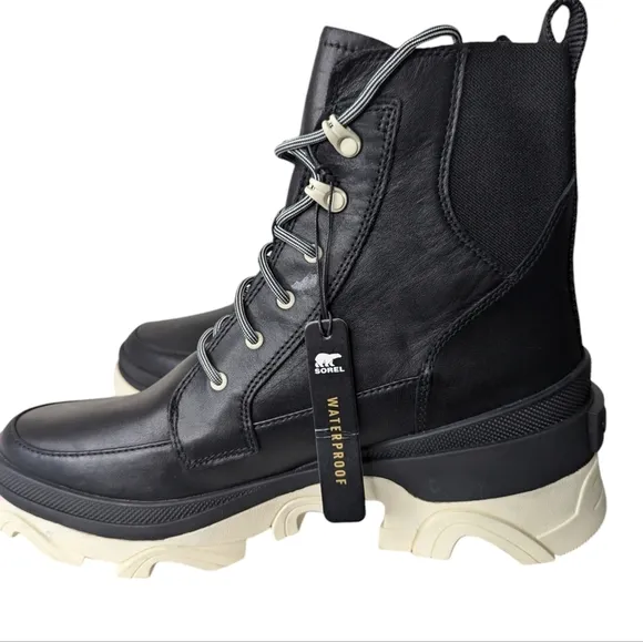 New Sorel Brex Boots Black Chalk Lace Up Leather Waterproof Lug Chunky Sz 11