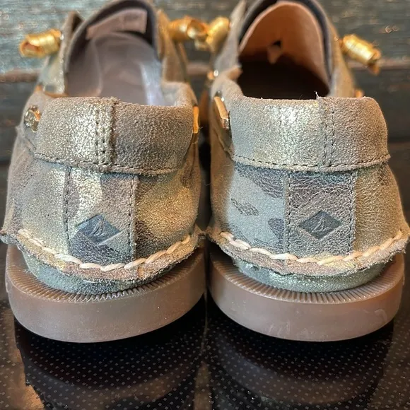 NEW Sperry Top-Sider Glitter Metallic Gold Camo BOAT SHOES SLIDES FLATS Vida 11