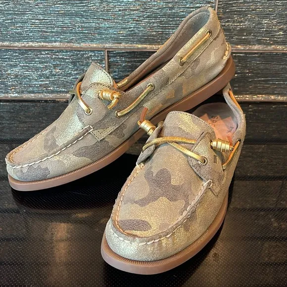 NEW Sperry Top-Sider Glitter Metallic Gold Camo BOAT SHOES SLIDES FLATS Vida 11