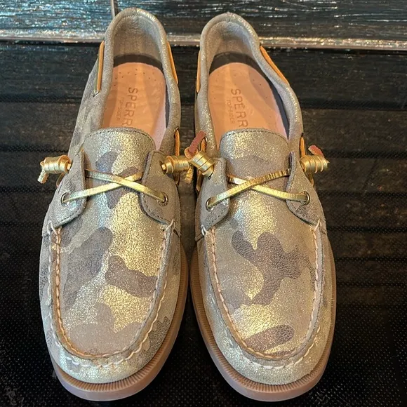 NEW Sperry Top-Sider Glitter Metallic Gold Camo BOAT SHOES SLIDES FLATS Vida 11