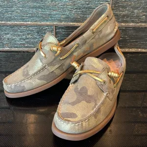 NEW Sperry Top-Sider Glitter Metallic Gold Camo BOAT SHOES SLIDES FLATS Vida 11