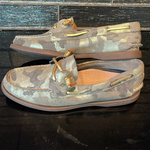 NEW Sperry Top-Sider Glitter Metallic Gold Camo BOAT SHOES SLIDES FLATS Vida 11
