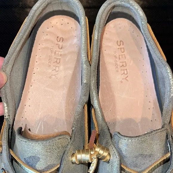 NEW Sperry Top-Sider Glitter Metallic Gold Camo BOAT SHOES SLIDES FLATS Vida 11