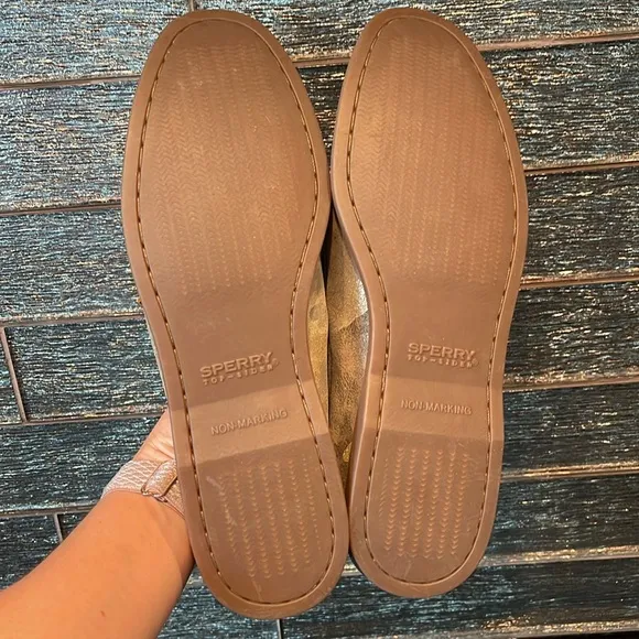 NEW Sperry Top-Sider Glitter Metallic Gold Camo BOAT SHOES SLIDES FLATS Vida 11