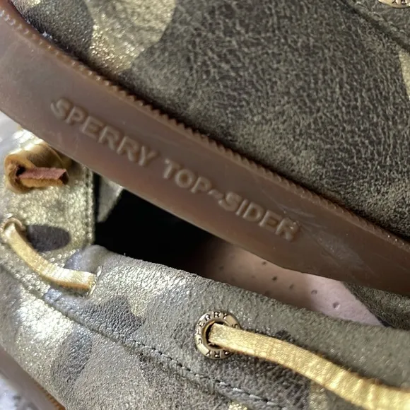 NEW Sperry Top-Sider Glitter Metallic Gold Camo BOAT SHOES SLIDES FLATS Vida 11