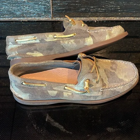 NEW Sperry Top-Sider Glitter Metallic Gold Camo BOAT SHOES SLIDES FLATS Vida 11
