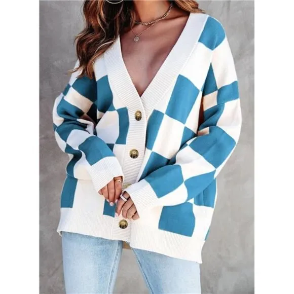 NEW Womens Plaid V Neck Button Down Long Sleeve Cable Knit Oversized Cardigan