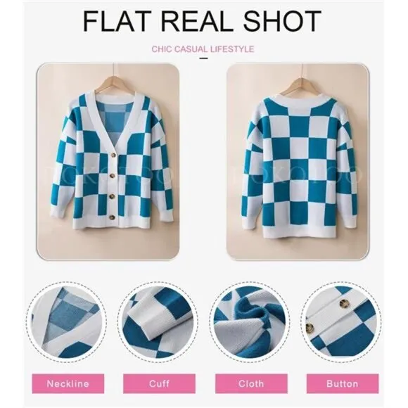 NEW Womens Plaid V Neck Button Down Long Sleeve Cable Knit Oversized Cardigan