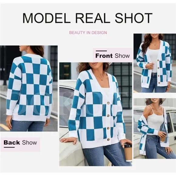 NEW Womens Plaid V Neck Button Down Long Sleeve Cable Knit Oversized Cardigan