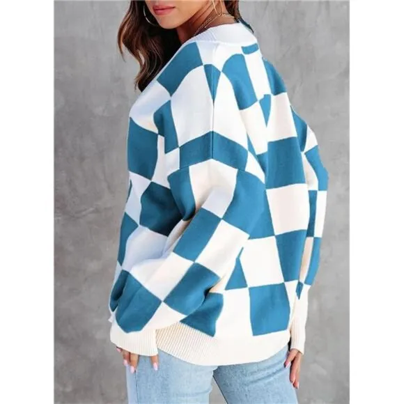 NEW Womens Plaid V Neck Button Down Long Sleeve Cable Knit Oversized Cardigan