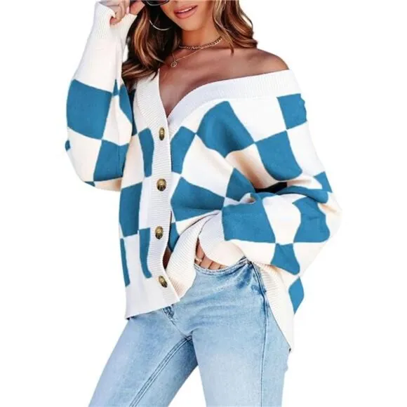 NEW Womens Plaid V Neck Button Down Long Sleeve Cable Knit Oversized Cardigan