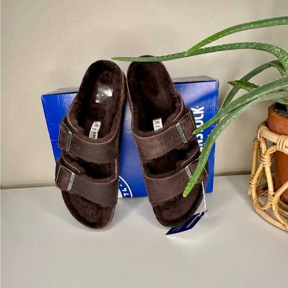 NIB Birkenstock Arizona Shearling Sandals Habana Brown Oiled Leather Size 11