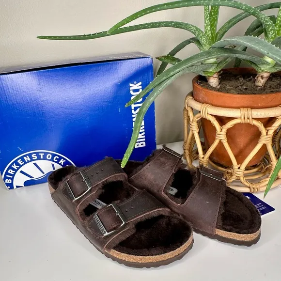 NIB Birkenstock Arizona Shearling Sandals Habana Brown Oiled Leather Size 11
