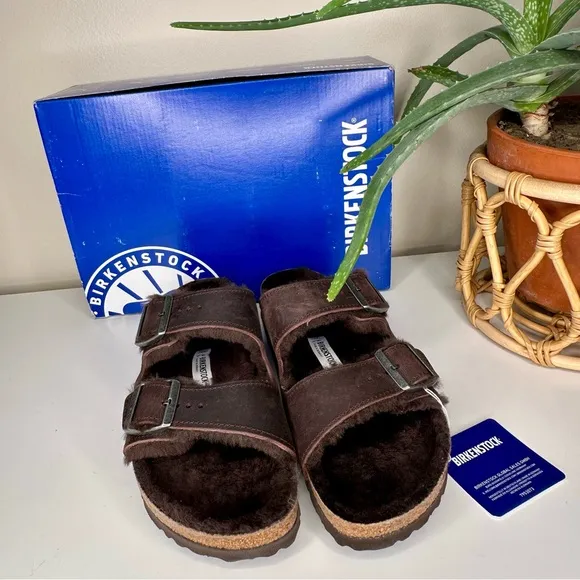 NIB Birkenstock Arizona Shearling Sandals Habana Brown Oiled Leather Size 11