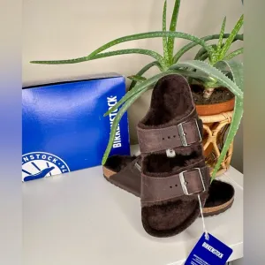NIB Birkenstock Arizona Shearling Sandals Habana Brown Oiled Leather Size 11