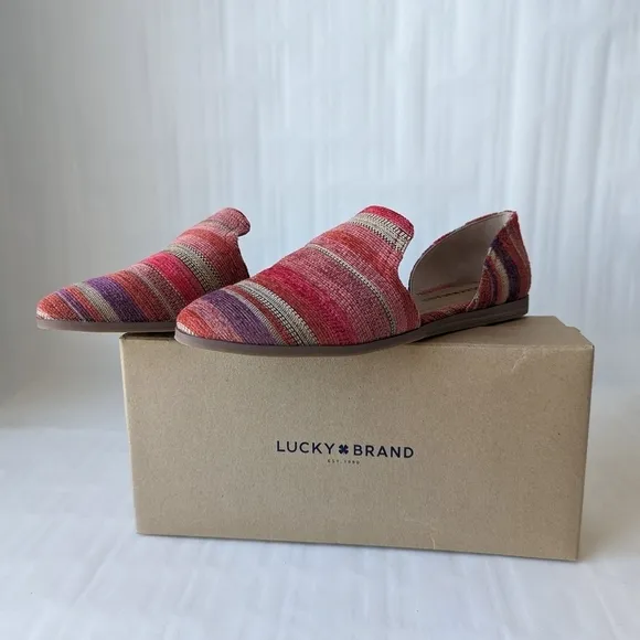 NIB Lucky Brand Jinree Woven Multi Two- Part Loafer Flats Pink Red Tan - sz 8.5