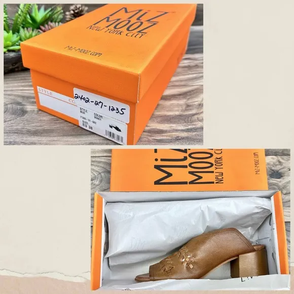 NIB Miz Mooz Briar 38 7.5-8 Whipstitch Leather Heeled Slide Sandal Brandy Brown